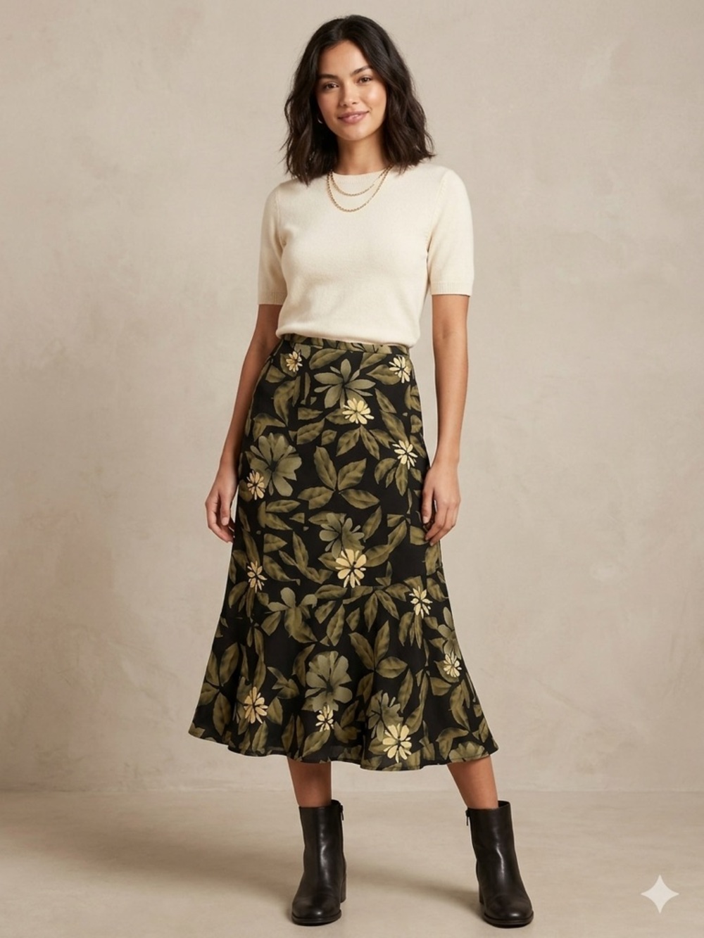 Sag Harbor Vintage Floral Midi Skirt Size 14 Black Green Tropical Leaf‎ Print
